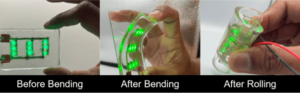 Three side-by-side photos showing a transparent PDMS circuit with green LEDs lit before bending, after bending, and after rolling—demonstrating the durability of plasma-aided printed stretchable electronics for wearable applications.