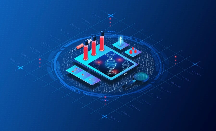 Futuristic digital illustration of biosensor components, DNA strands, and blood samples, representing miRNA-based cancer detection.